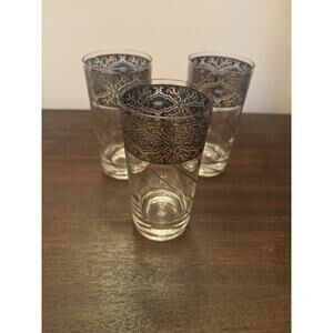 VTG 3 Culver Sorrento Hi-ball Tumblers Silver Lattice Blue Accent Signed Damage
